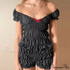 Women 2 Piece Matching Set Ruffle Off Shoulder Smocked Tops and Bloomers Coquette Pajamas Short