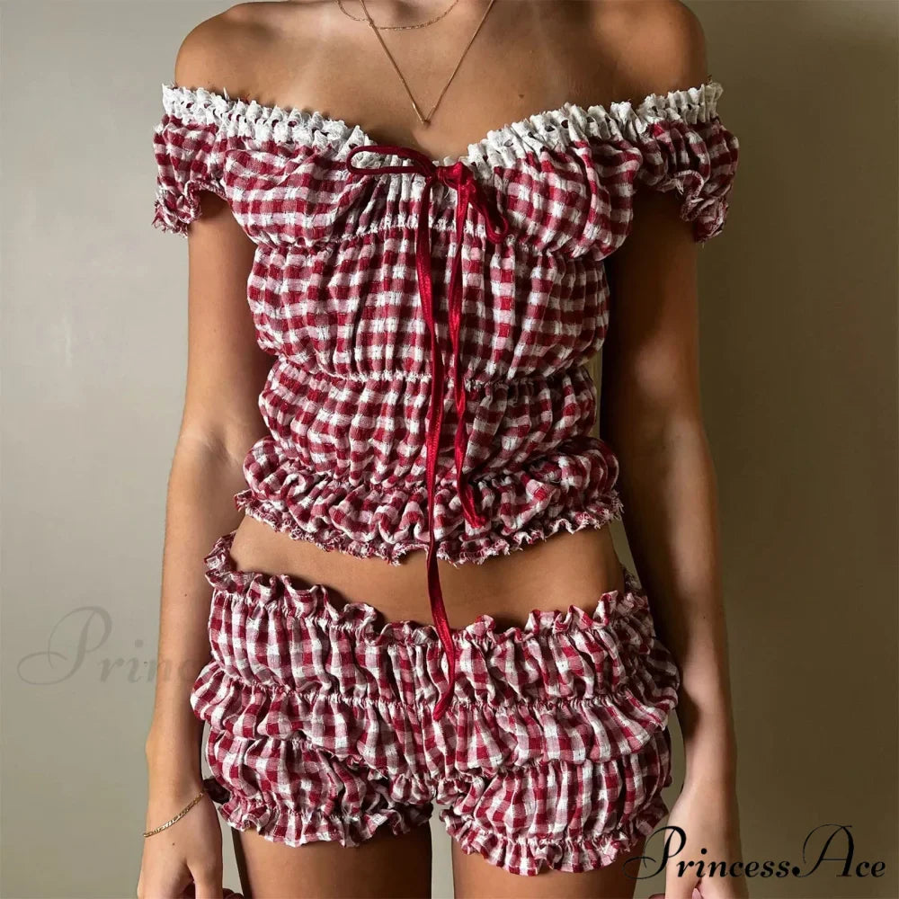 Women 2 Piece Matching Set Ruffle Off Shoulder Smocked Tops and Bloomers Coquette Pajamas Short