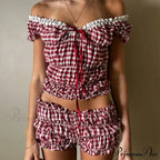 Women 2 Piece Matching Set Ruffle Off Shoulder Smocked Tops and Bloomers Coquette Pajamas Short