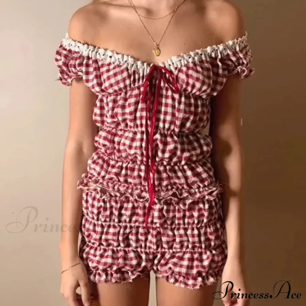 Women 2 Piece Matching Set Ruffle Off Shoulder Smocked Tops and Bloomers Coquette Pajamas Short