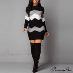 Women Autumn Elegant O-Neck Wave Striped Mini Dress