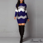 Women Autumn Elegant O-Neck Wave Striped Mini Dress