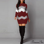 Women Autumn Elegant O-Neck Wave Striped Mini Dress