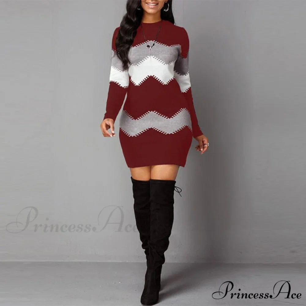 Women Autumn Elegant O-Neck Wave Striped Mini Dress