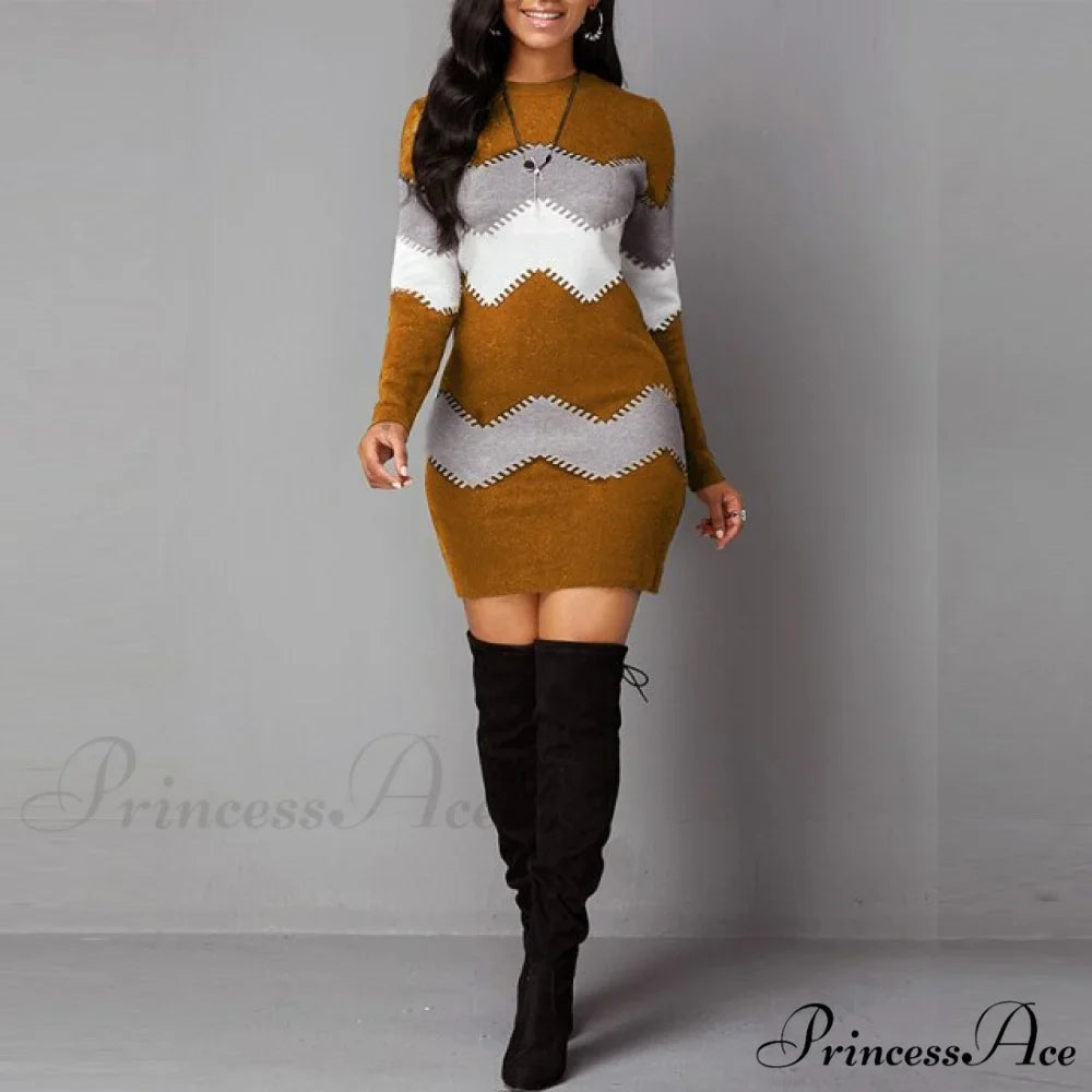 Women Autumn Elegant O-Neck Wave Striped Mini Dress