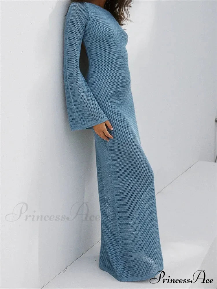 Women Autumn Knitted Solid Sleeve Round Neck Backless Tie-Up Slim Party Beach Female Vestidos