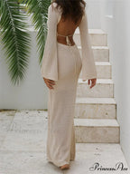 Women Autumn Knitted Solid Sleeve Round Neck Backless Tie-Up Slim Party Beach Female Vestidos