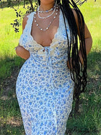 Women Backless Sexy Floral Print Sleeveless Lace V-neck Cocktail Slim Spaghetti Strap Vestidos Party