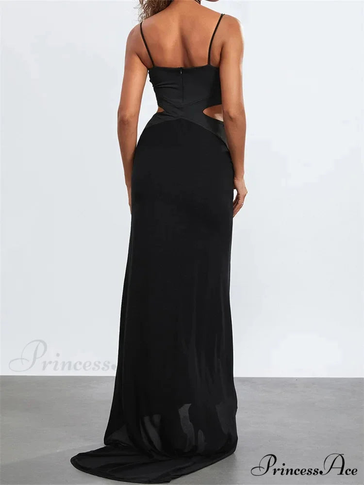 Women Black Halter Sleeveless Slim Waist Hollow Out Spaghetti Strap Evening Summer Female Vestidos