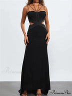 Women Black Halter Sleeveless Slim Waist Hollow Out Spaghetti Strap Evening Summer Female Vestidos