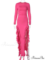 Women Bodycon Fashion Sleeve Solid Color High Split Ruffles Ruched Party Female Vestidos