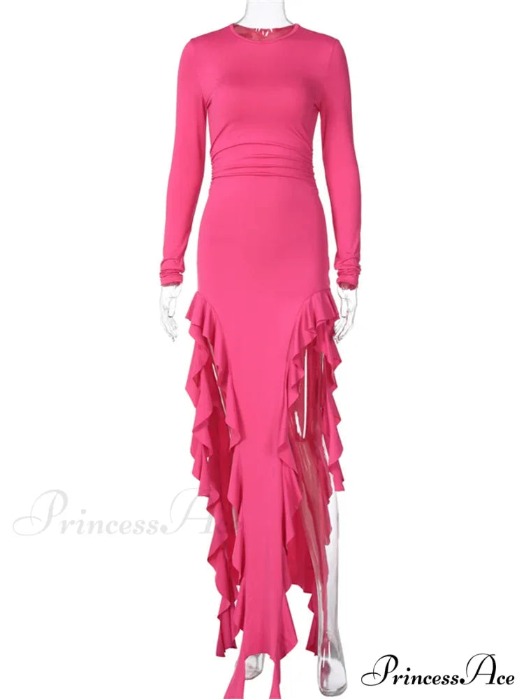 Women Bodycon Fashion Sleeve Solid Color High Split Ruffles Ruched Party Female Vestidos