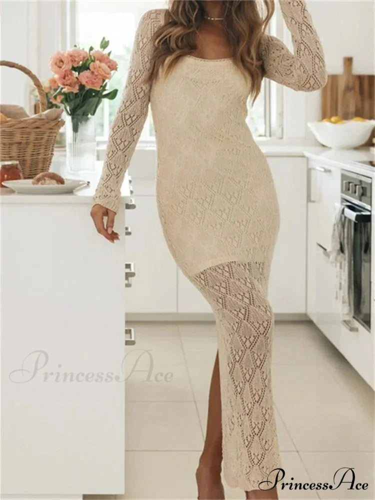 Women Bodycon Lace See Through Hollow Out O-neck Sleeve Back Split Party Female Vestidos