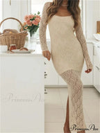 Women Bodycon Lace See Through Hollow Out O-neck Sleeve Back Split Party Female Vestidos