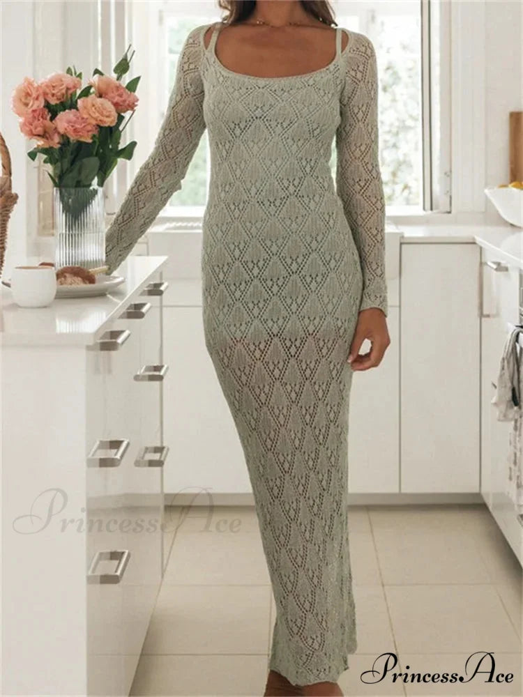 Women Bodycon Lace See Through Hollow Out O-neck Sleeve Back Split Party Female Vestidos