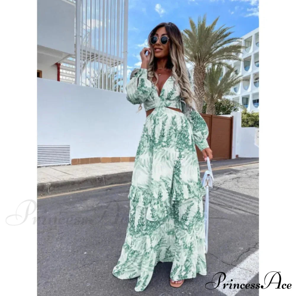 Women Boho Print Long Sleeve Maxi Dress