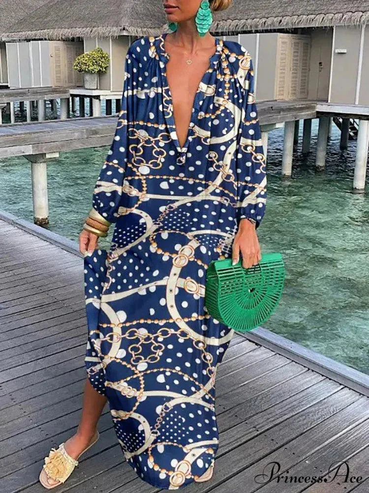 Women Boho Print Long Sleeve Maxi Dress