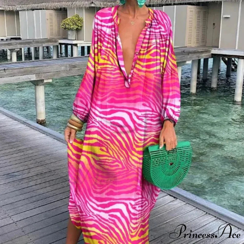 Women Boho Print Long Sleeve Maxi Dress
