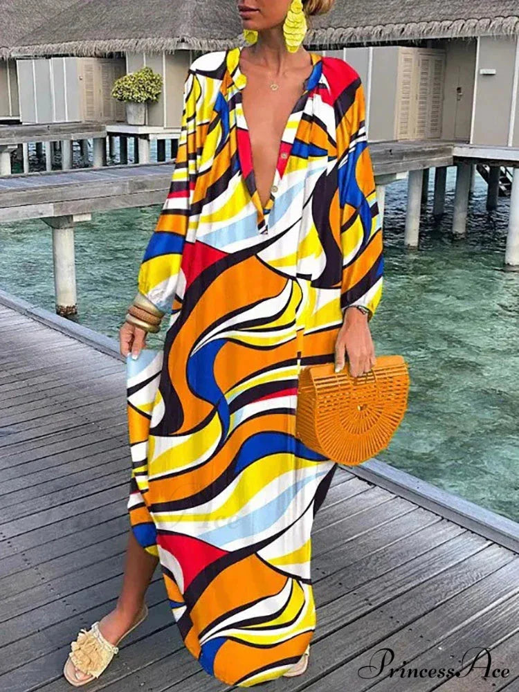 Women Boho Print Long Sleeve Maxi Dress
