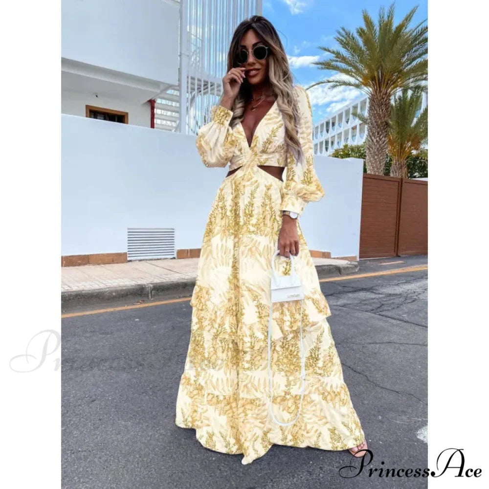 Women Boho Print Long Sleeve Maxi Dress