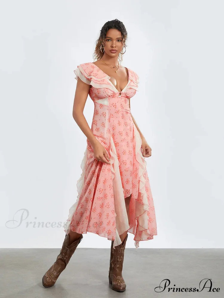 Women Casual Midi Print Ruffles Fly Sleeve V-Neck Holiday Beach Floral Dress