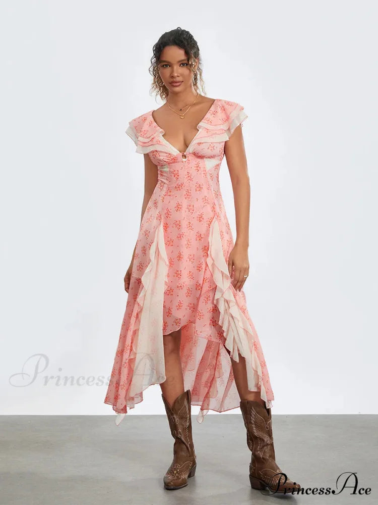 Women Casual Midi Print Ruffles Fly Sleeve V-Neck Holiday Beach Floral Dress
