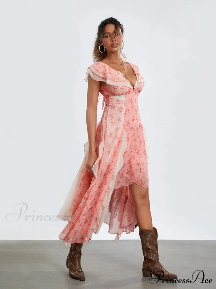 Women Casual Midi Print Ruffles Fly Sleeve V-Neck Holiday Beach Floral Dress