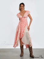 Women Casual Midi Print Ruffles Fly Sleeve V-Neck Holiday Beach Floral Dress