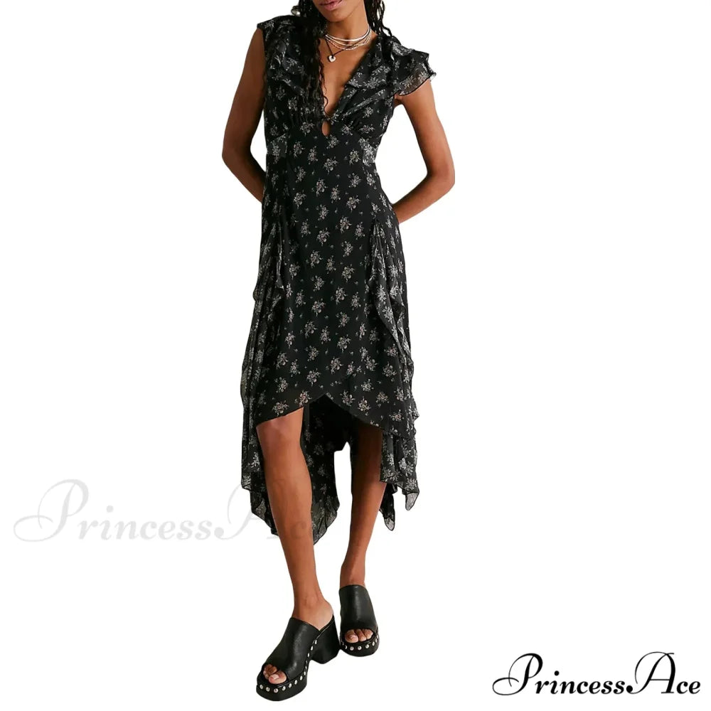 Women Casual Midi Print Ruffles Fly Sleeve V-Neck Holiday Beach Floral Dress