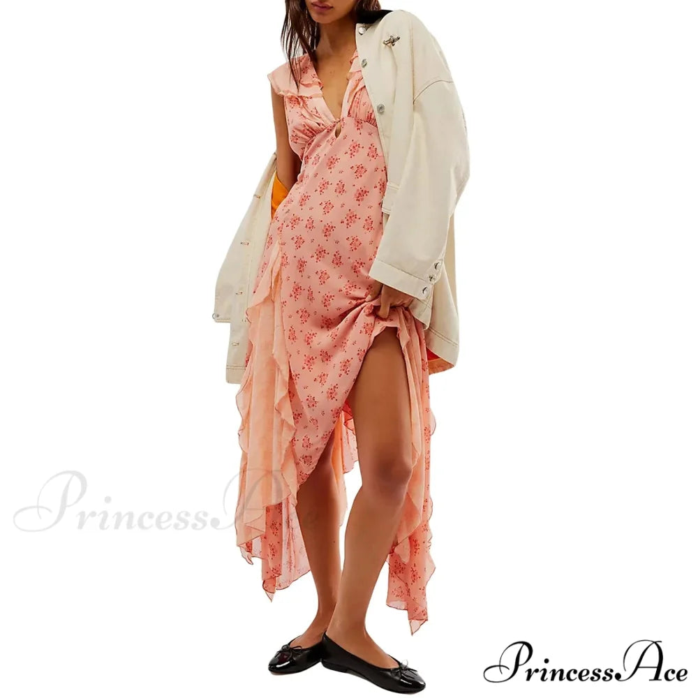 Women Casual Midi Print Ruffles Fly Sleeve V-Neck Holiday Beach Floral Dress