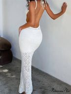 Women Crochet Knitted Hollow Out Backless Spaghetti Strap Halter Lace-up Beachwear Female Vestidos
