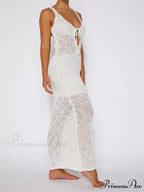 Women Crochet Knitted Hollow Out Backless Spaghetti Strap Halter Lace-up Beachwear Female Vestidos