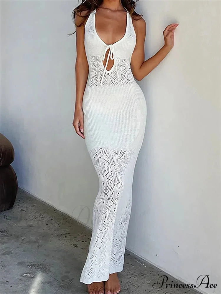 Women Crochet Knitted Hollow Out Backless Spaghetti Strap Halter Lace-up Beachwear Female Vestidos