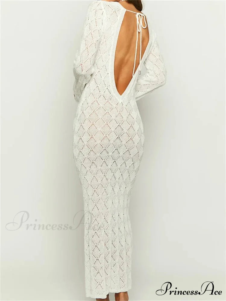 Women Crochet Knitted Sleeve Hollow Out V-neck Backless Lace-up Beach Cover Ups Summer Vestidos