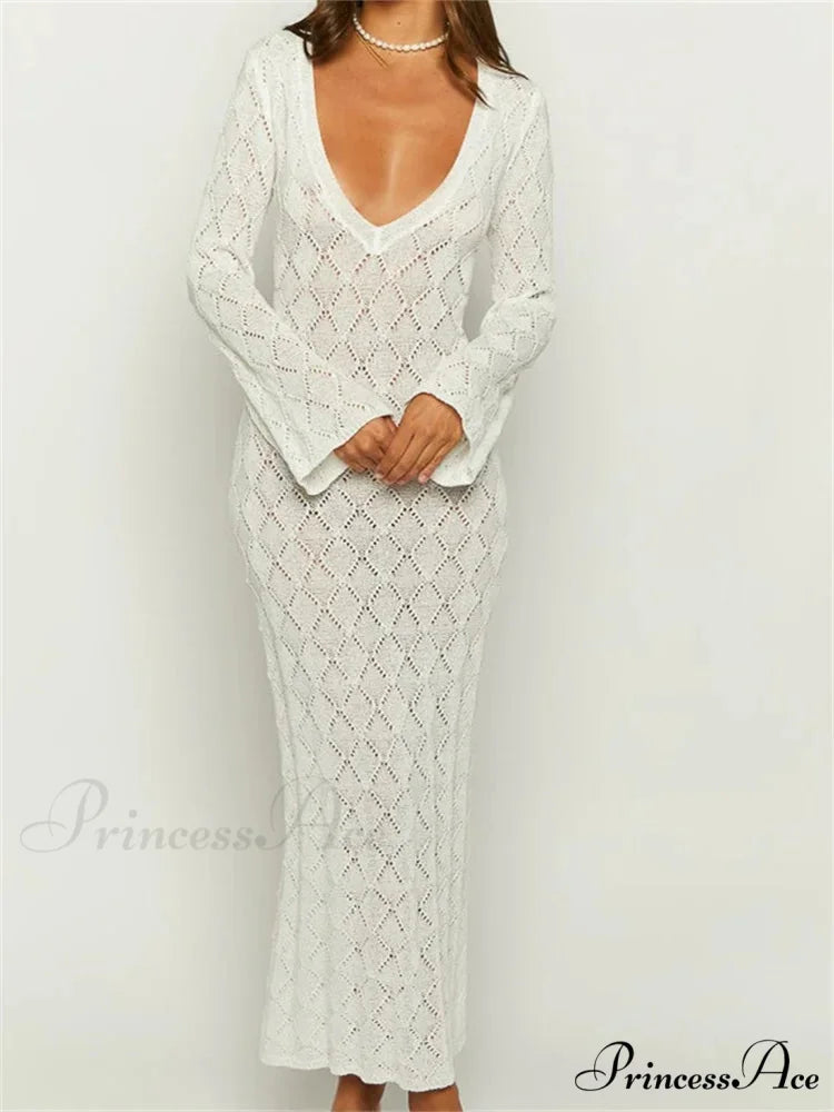 Women Crochet Knitted Sleeve Hollow Out V-neck Backless Lace-up Beach Cover Ups Summer Vestidos