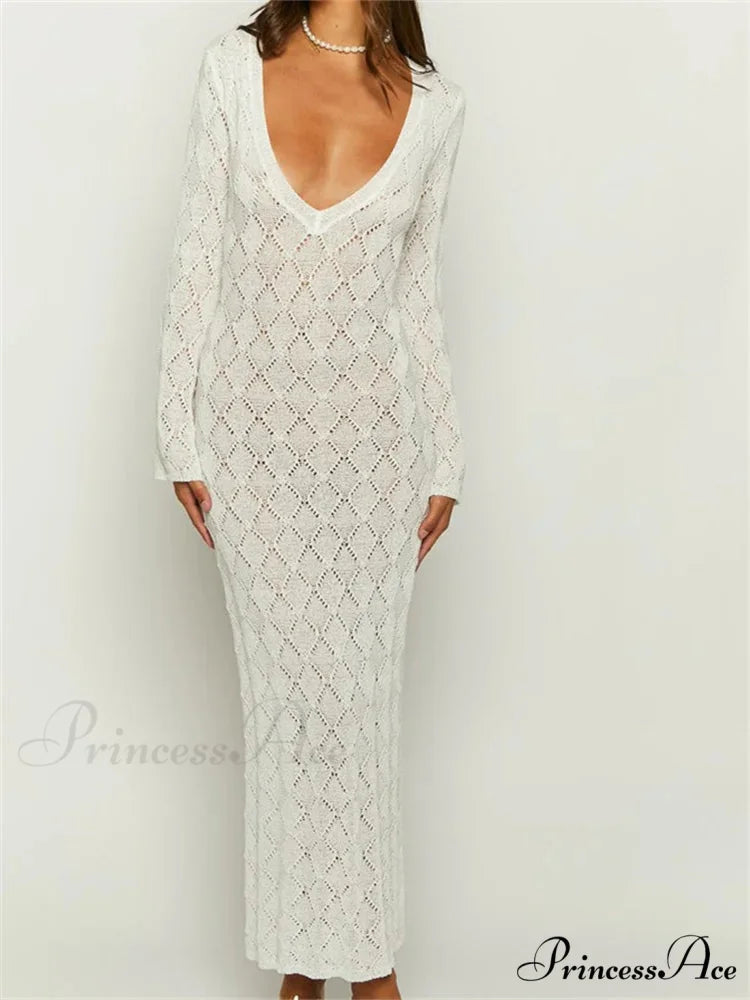 Women Crochet Knitted Sleeve Hollow Out V-neck Backless Lace-up Beach Cover Ups Summer Vestidos