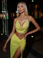 Women Diamonds 2 Piece Set Swinging Collar Crop Tops Long Skirts Christmas Party Dress