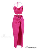 Women Diamonds 2 Piece Set Swinging Collar Crop Tops Long Skirts Christmas Party Dress