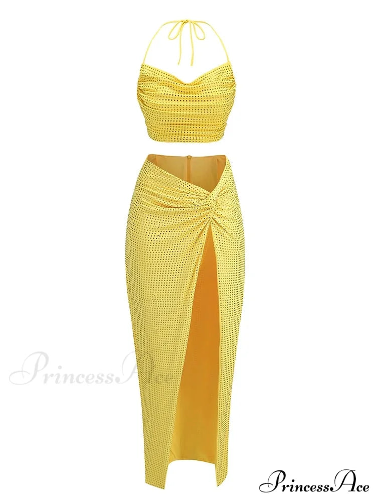 Women Diamonds 2 Piece Set Swinging Collar Crop Tops Long Skirts Christmas Party Dress