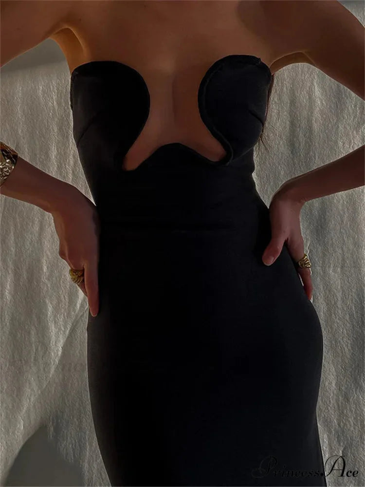 Women Elegant Low Cut Black Solid Sleeveless Satrpless Off Shoulder Push Up High Split Vestidos Party