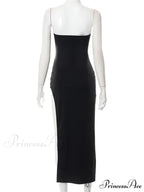 Women Elegant Low Cut Black Solid Sleeveless Satrpless Off Shoulder Push Up High Split Vestidos Party