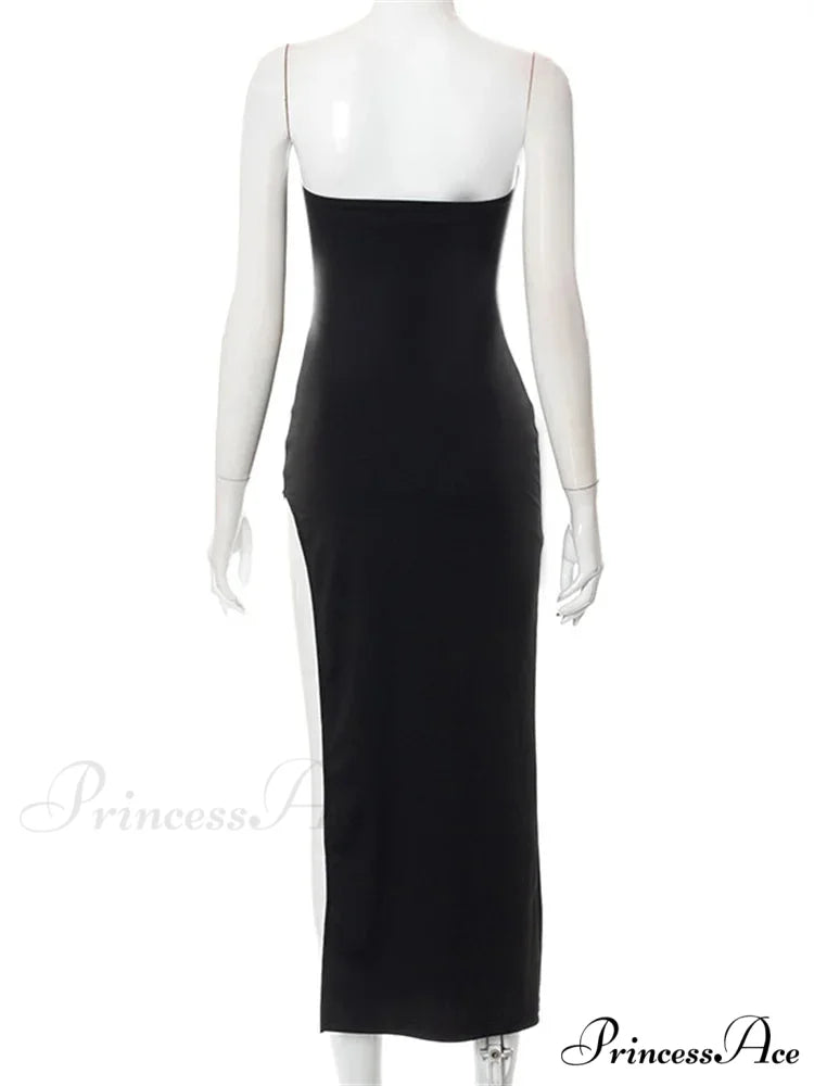 Women Elegant Low Cut Black Solid Sleeveless Satrpless Off Shoulder Push Up High Split Vestidos Party