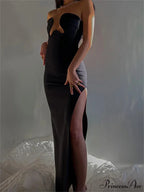 Women Elegant Low Cut Black Solid Sleeveless Satrpless Off Shoulder Push Up High Split Vestidos Party