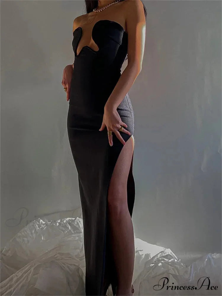 Women Elegant Low Cut Black Solid Sleeveless Satrpless Off Shoulder Push Up High Split Vestidos Party