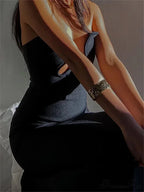 Women Elegant Low Cut Black Solid Sleeveless Satrpless Off Shoulder Push Up High Split Vestidos Party