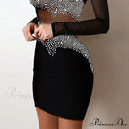 Women Elegant Rhinestone Decor Mesh Bodycon Dress
