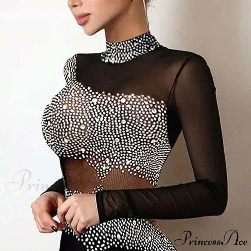Women Elegant Rhinestone Decor Mesh Bodycon Dress