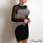 Women Elegant Rhinestone Decor Mesh Bodycon Dress
