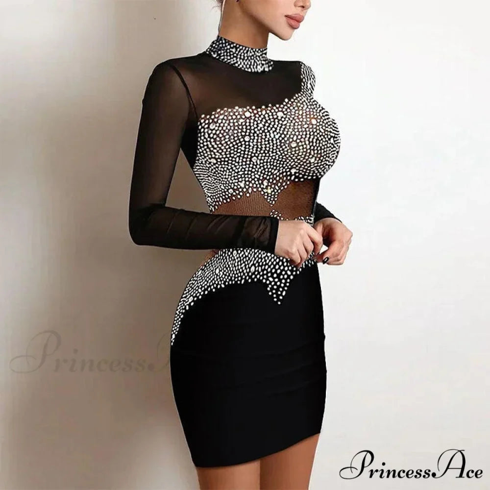 Women Elegant Rhinestone Decor Mesh Bodycon Dress