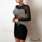 Women Elegant Rhinestone Decor Mesh Bodycon Dress